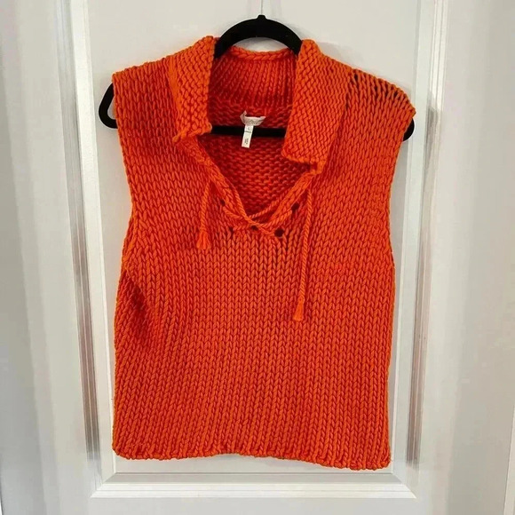 Escada Sweaters - 129 Escada Sport Orange Woven Lace Up Polo Sweater Size Large